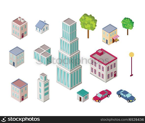 Elements of urban landscape. Isometric projection vectors. House, skyscraper, store, shop, school, tree, car, lantern illustrations Variety storey buildings For gaming environment app infographic. Set of City Buildings in Isometric Projection. Set of City Buildings in Isometric Projection