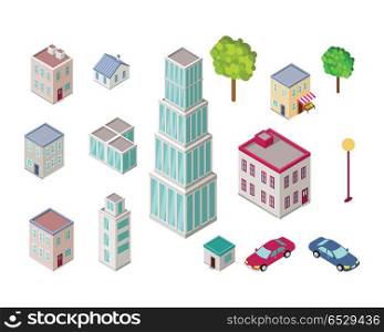 Elements of urban landscape. Isometric projection vectors. House, skyscraper, store, shop, school, tree, car, lantern illustrations Variety storey buildings For gaming environment app infographic. Set of City Buildings in Isometric Projection. Set of City Buildings in Isometric Projection