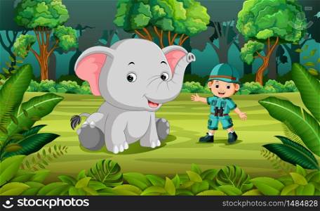 Elephant and adventurer in the jungle