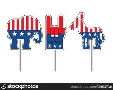 Elephant and donkey. Symbols of Democrats and Republicans. Political parties in USA. Foam finger for elections. Character set for elections, debate in America&#xA;