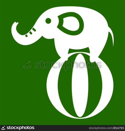 Elephant balancing on a ball icon white isolated on green background. Vector illustration. Elephant balancing on a ball icon green