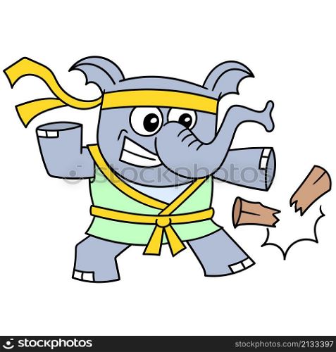 elephant beast is practicing karate breaking wood