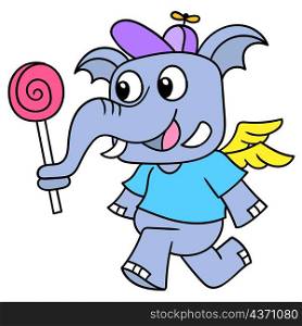 elephant carrying lollipop walking cheerfully