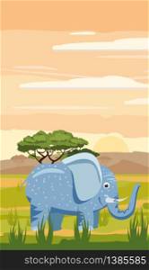 Elephant cute cartoon style in background savannah Africa, isolated. Elephant cute cartoon style in background savannah Africa, isolated, vector
