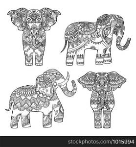 Elephant decorative pattern. Indian motif tribal royal design for adults colored pages vector illustrations. Elephant indian, tribal pattern, totem animal tattoo. Elephant decorative pattern. Indian motif tribal royal design for adults colored pages vector illustrations
