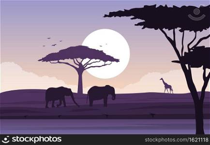Elephant Giraffe Animal Savanna Landscape Africa Wildlife Illustration