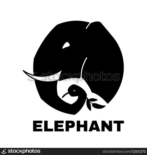 Elephant head with sprig icon isolated on white background. Vector illustration. Design element for logo, tea package or etc. Black elephant silhouette.. Vector Elephant head with sprig icon isolated on white background.