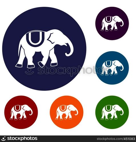 Elephant icons set in flat circle reb, blue and green color for web. Elephant icons set