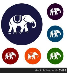 Elephant icons set in flat circle reb, blue and green color for web. Elephant icons set