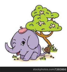 Elephant in a hat with snail on tail and mouse on a tree. Cartoon animal character vector illustration isolated on white background.