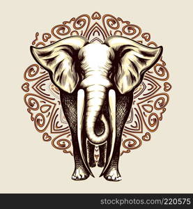 Elephant with huge tusks on Mandala pattern background. Vector illustration.