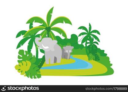 Elephants in jungle 2D vector isolated illustration. Wild animals roaming rainforest flat characters on cartoon background. African forest elephants living in dense woodland colourful scene. Elephants in jungle 2D vector isolated illustration