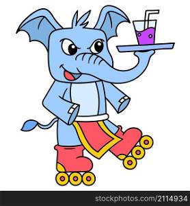elephants roller skating carrying glasses to serve drinks