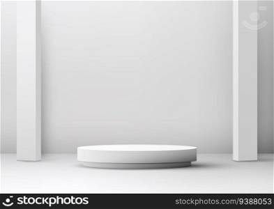 Elevate your advertising c&aigns with this modern and sleek illustration. Showcase your products on a minimal white podium in a realistic setting. Perfect for branding and commercial use.