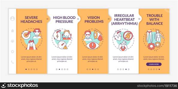 Elevated blood pressure symptoms onboarding vector template. Responsive mobile website with icons. Web page walkthrough 5 step screens. Headaches, arrhythmia color concept with linear illustrations. Elevated blood pressure symptoms onboarding vector template