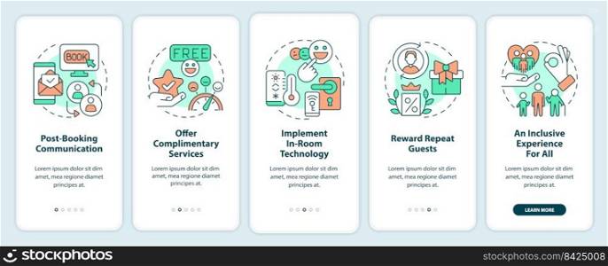 Elevating guest satisfaction onboarding mobile app screen. Inclusivity walkthrough 5 steps editable graphic instructions with linear concepts. UI, UX, GUI template. Myriad Pro-Bold, Regular fonts used. Elevating guest satisfaction onboarding mobile app screen