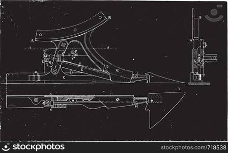 Elevation, plan and profile and the profile of the share settlement mechanism of the plow Howard, vintage engraved illustration. Industrial encyclopedia E.-O. Lami - 1875.