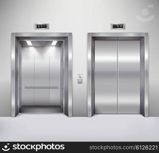 Elevator door illustration. Open and closed chrome metal office building elevator doors realistic vector illustration