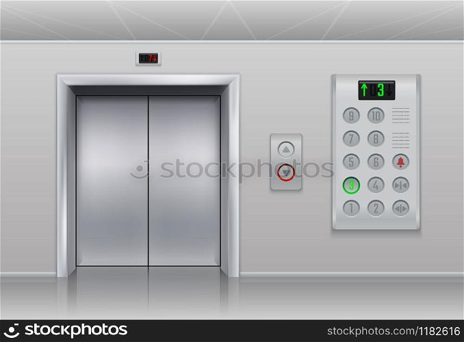 Elevator doors and buttons. Realistic cargo and passenger lift with metal doors, stainless steel buttons and floor indicator. Vector set steel panel with light indicator, lift door. Elevator doors and buttons. Realistic cargo and passenger lift with metal doors, stainless steel buttons and floor indicator. Vector set