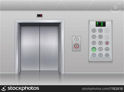 Elevator doors and buttons. Realistic cargo and passenger lift with metal doors, stainless steel buttons and floor indicator. Vector set steel panel with light indicator, lift door. Elevator doors and buttons. Realistic cargo and passenger lift with metal doors, stainless steel buttons and floor indicator. Vector set
