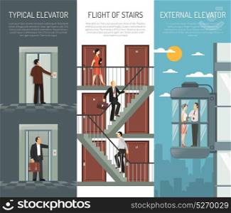 Elevator Escalator Stairs Vertical Banner Set. Three escalator stairs vertical banner set with typical elevator flight of stairs and external elevator descriptions vector illustration