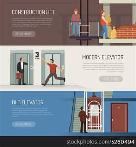 Elevator Horizontal Banners Set. Elevator escalator stairs banners set with modern vintage and industrial lift images and read more button vector illustration