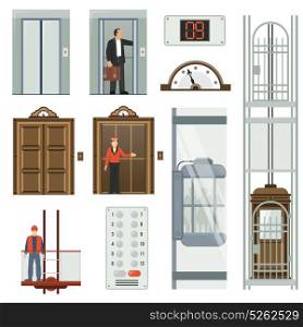 Elevator Icon Set. Colored isolated elevator icon set different types of elevators inside the building vector illustration