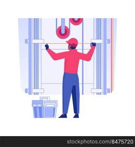 Elevator installation isolated concept vector illustration. Worker with measuring tape, elevator installation process, commercial construction, building process, interior works vector concept.. Elevator installation isolated concept vector illustration.