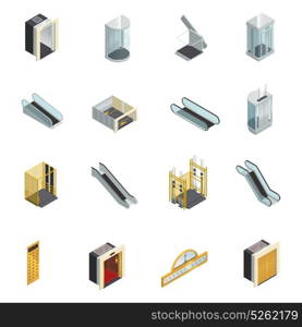 Elevator Isometric Elements Set. Elevator lift escalator isometric icons set with moving staircases elevator cabins and elements of different shape vector illustration