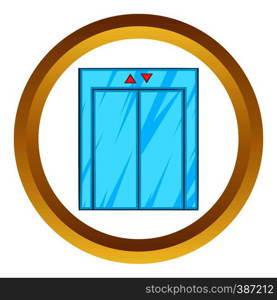 Elevator with closed door vector icon in golden circle, cartoon style isolated on white background. Elevator with closed door vector icon