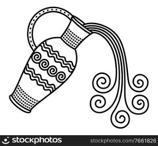 Eleventh astrological sign, constellation aquarius. Zodiac represented by pitcher,&hora with water. Liquid pouring from ewer. Outline drawing on white background. Vector illustration in flat style. Zodiac Aquarius Sign, Water Pouring From Pitcher