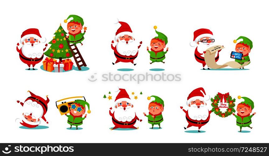 Elf and Santa Claus icons isolated on white background. Vector illustration with fairy tale winter holidays happy symbols preparing for Christmas. Elf and Santa Claus Icons Vector Illustration