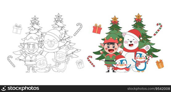 Elf, bear and penguin with Christmas tree, Christmas theme line art doodle cartoon illustration, Coloring book for kids, Merry Christmas.