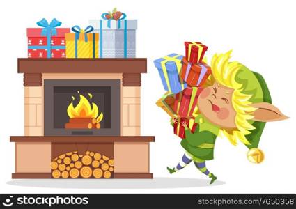 Elf boy near fireplace in house, christmas eve. Character hold lot of packages with gifts for children. Colorful boxes with presents on hearth in living room. Vector illustration in flat style. Xmas Elf Hold Boxes with Gifts, Fireplace in Room