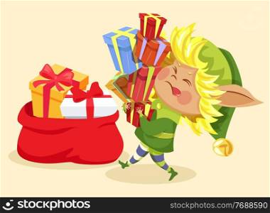 Elf carrying gift boxes pile to bag or sack with Christmas presents. Santa helper working hard, fairy tale character in green costume. Winter holiday symbol, magic creature vector illustration. Christmas Presents, Elf with Gift Boxes and Bag