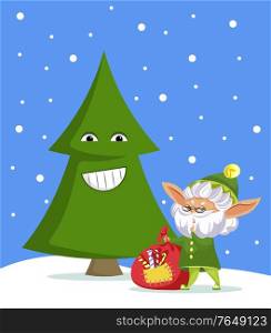 Elf cartoon character holding festive candy bag standing near fir-tree. Winter postcard with snow-falling weather and funny gnome on snowy land. Festive card with fairy smiling tree and hero vector. Fairy Characters Smiling Fir-tree and Elf Vector