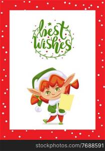 Elf cartoon character wearing costume and hat holding letter. Postcard Best Wishes on winter holidays on red frame with snow symbols. Card gnome fairy hero with message paper on white vector. Best Wishes with Elf Holding Letter Paper Vector