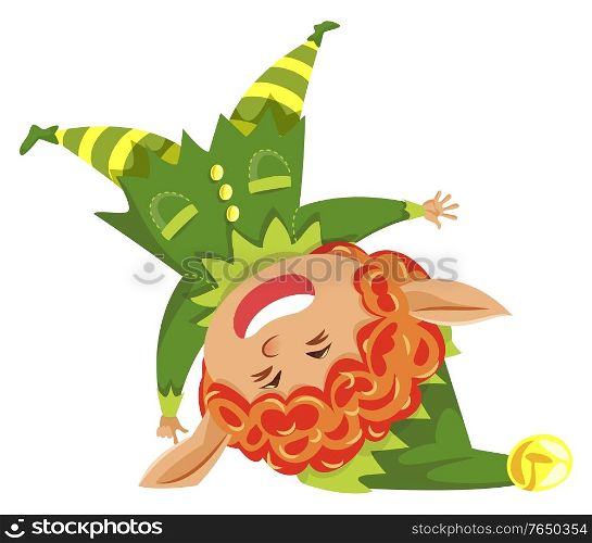 Elf cartoon hero wearing festive hat isolated on white. Christmas card with fairy character in green costume laughing. Traditional symbol of New Year funny gnome with big ears tumbling vector. Christmas Card with Funny Elf Tumbling Vector