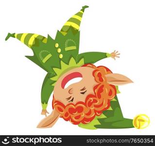 Elf cartoon hero wearing festive hat isolated on white. Christmas card with fairy character in green costume laughing. Traditional symbol of New Year funny gnome with big ears tumbling vector. Christmas Card with Funny Elf Tumbling Vector