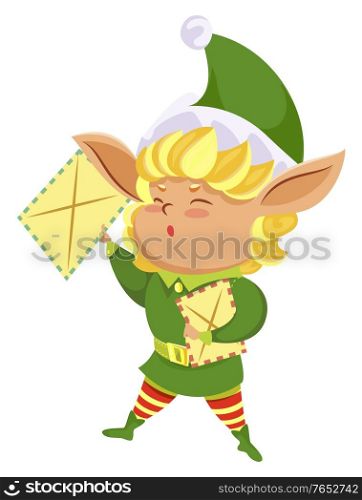 Elf cartoon hero wearing green costume and hat holding letters. Funny Christmas character with big ears handing out postcards. New Year assistant with festive message isolated on white vector. Christmas Character Elf Holding Letters Vector