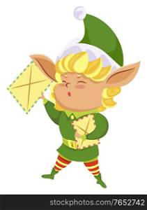 Elf cartoon hero wearing green costume and hat holding letters. Funny Christmas character with big ears handing out postcards. New Year assistant with festive message isolated on white vector. Christmas Character Elf Holding Letters Vector