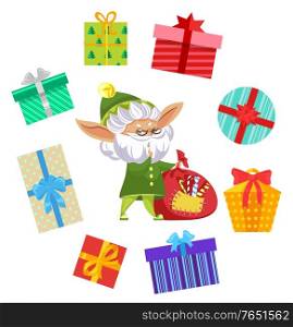 Elf character holding bag with candies and colorful present with bow in round shape. Fairy with geometrical gift box with pattern and ribbon isolated on white. Winter holiday greeting postcard vector. Fairy with Festive Bag and Gift Box Sign Vector