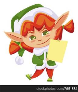 Elf fairy character in green costume and hat holding paper card. Smiling Christmas helper with big ears holding letter object. Happy New Year assistant hero standing with postcard symbol vector. Christmas Helper Standing with Postcard Vector