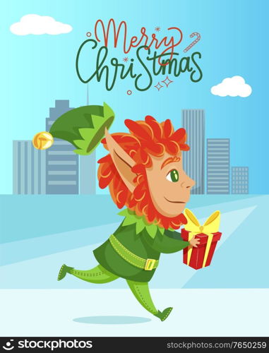 Elf fairy character running with gift box near skyscrapers. Merry Christmas greeting card with winter holiday assistant carrying present in city. Helper on ice land near high buildings vector. Merry Christmas with Elf Carrying Gift Vector