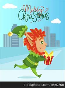 Elf fairy character running with gift box near skyscrapers. Merry Christmas greeting card with winter holiday assistant carrying present in city. Helper on ice land near high buildings vector. Merry Christmas with Elf Carrying Gift Vector