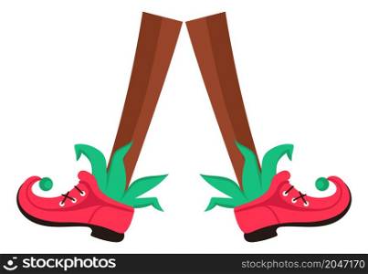 Elf feet icon. Funny dancing legs in red jester shoes isolated on white background. Elf feet icon. Funny dancing legs in red jester shoes
