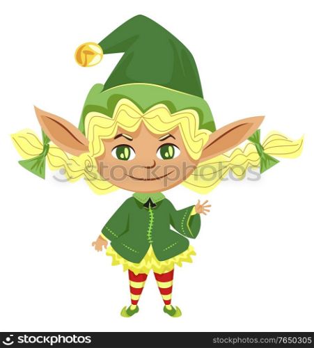 Elf girl isolated icon, female Santa helper with braids, fantastic cartoon character. Christmas and New Year symbol, green costume and striped stocking. Imaginary cute dwarf vector illustration. Female Santa Helper or Elf Girl Isolated Character