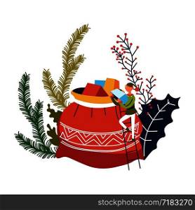 Elf helper carrying present into bag with gifts vector. Santa Claus assistant Christmas organization, pine tree branches, spruce and mistletoe traditional plant. Fir and berries, decorative foliage. Elf helper carrying present into bag with gifts