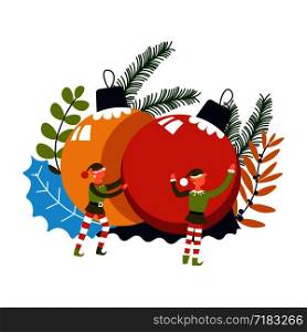 Elf helpers of Santa Claus pushing decorative ball toys vector. Spruce, evergreen pine branches with needles, leprechaun child wearing costumes. Christmas winter holiday preparation and foliage. Elf helpers of Santa Claus pushing decorative ball toys