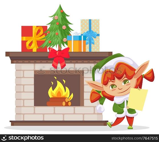 Elf holding letter and smiling. Small girl standing by fireplace at home. Assistant of Santa claus and presents in boxes decorated with stripes and bows. Pine tree toy decoration vector in flat. Elf Holding Letter by Fireplace with Pine Tree